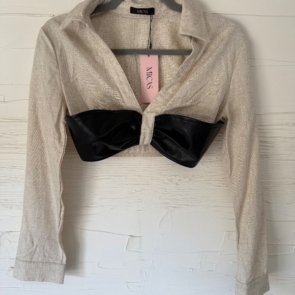 NWT! Micas Faux Leather/Linen Crop (S) Beige & Black - Picture 7 of 8